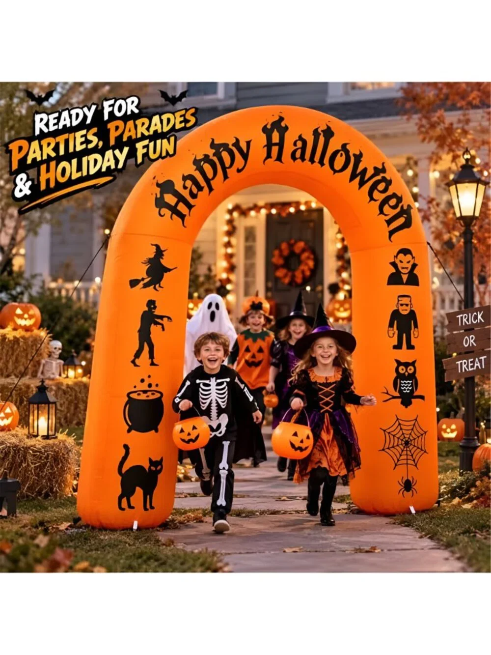8FT Halloween Inflatable Arch with LED Lights, Orange, Happy Halloween Archway
